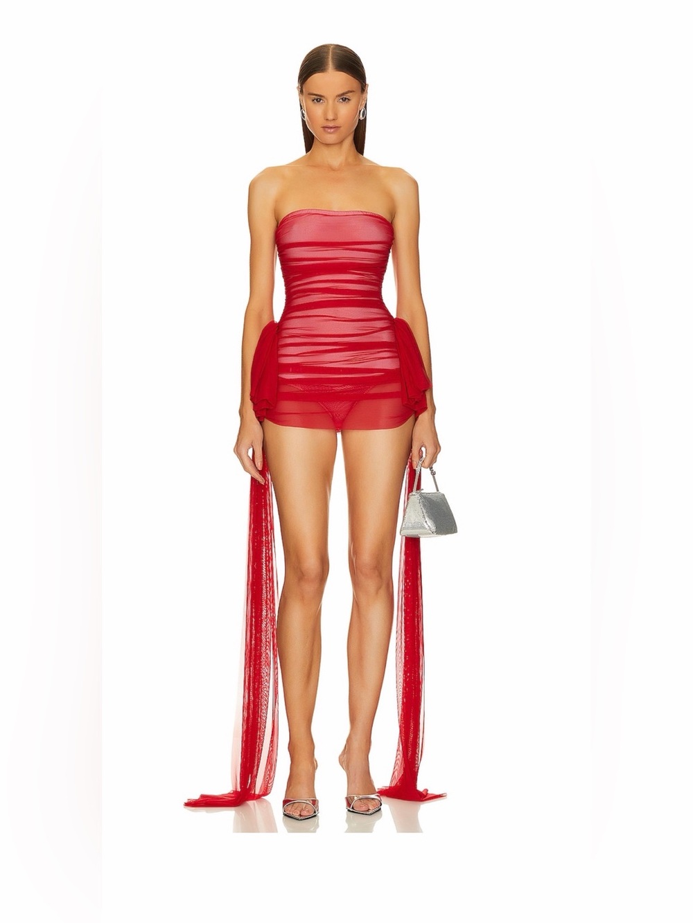 Like New Strapless Red Sheer Mini Dress with Draped Ties XS
